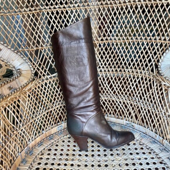 Brown Leather Knee High Boots Stacked Heels Sz 6.5 US - Picture 4 of 5